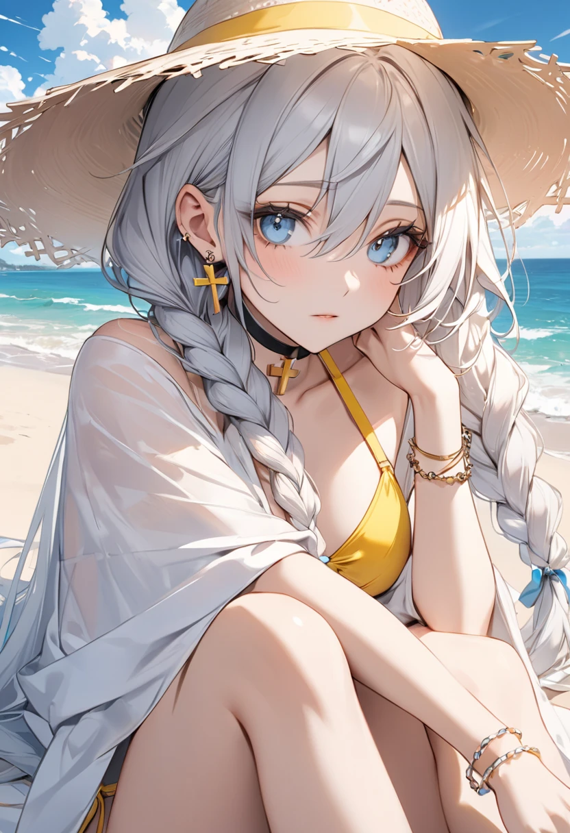 Cute , tanned skin , bikini , beach, silver hair, yellow eyes , beautiful breast