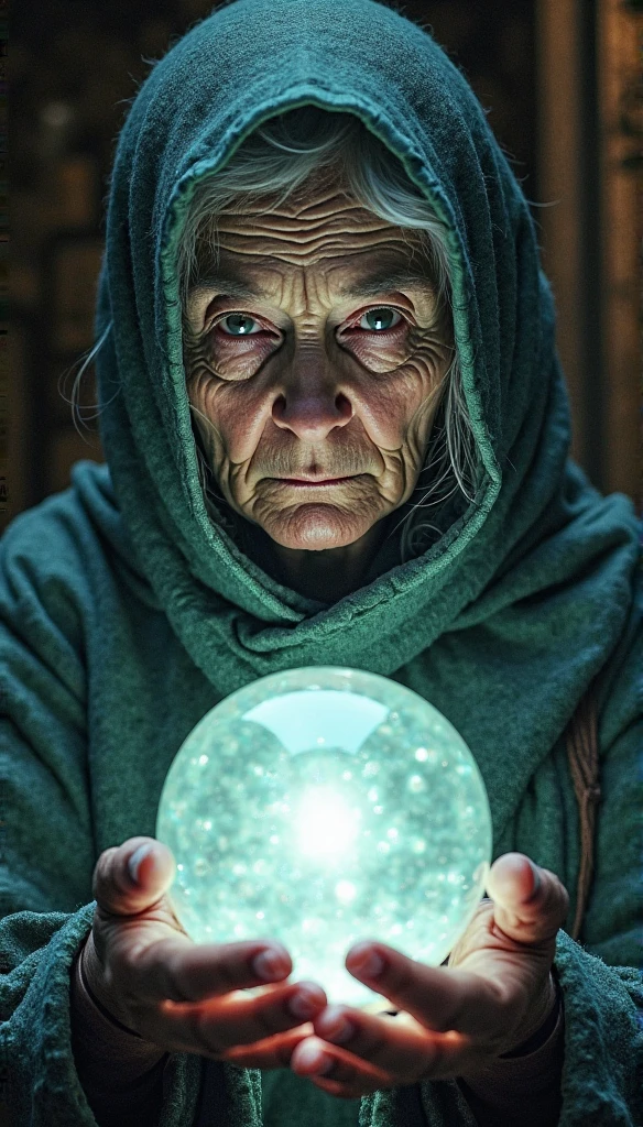 one old woman，Wearing a piece of cloth on the head，hold a crystal ball in the hand, Looking ahead