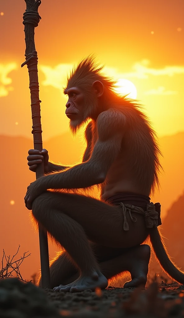 Hanuman ji with smiling face sitting on big rock.