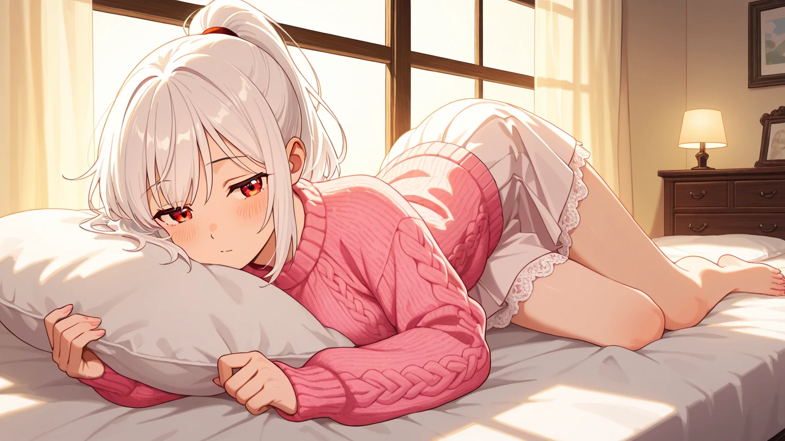 Short milky white hair,yellow eyes,lovely expression,a shy expression, Japanese uniform top,Red fluffy skirt,blackstockings,Lie down on the soft bed,tilt your head,baki,Open your little mouth