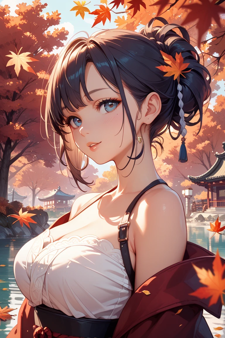 purple eyes, (highest quality, masterpiece painting:1.3), mature woman, 20 years old, (half body shot), masterpiece, ultra high resolution, (Photoreal:1.0), very short hair, brown hair, beautiful shining hair, white and shining skin, ((Ultra realistic details)), octane rendering, highly detailed face, (big breasts:0.8),(sexy and cute cheongsam,red and white contrast outfit,delicate decoration:1.2), open neckline, (necklace:1.0),cleavage, perfect body, soft skin, anime face, perfect face, perfect eyes, looking at the viewer, smart, Under autumn leaves tree background, Autumn leaf petals are falling, outdoors,shrine, sharp focus, intricate details, professional artwork, (bright colors:1.1), bright colors, diffused lighting, digital blending, ultra-definition body, ultra detail hair, super detailed face, that&#39;It&#39;s trending on pixiv, top button open, Cute gaze, compensate, perfect lips, perfect compensate, Ultra-precision coating, (light_smile:1.0), (Very embarrassed:0.8),