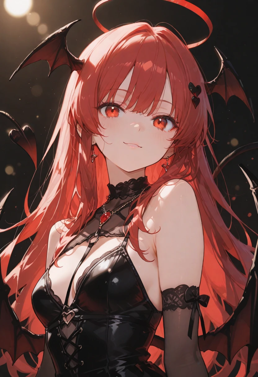 masterpiece, best quality, highly detailed background, perfect lighting, best quality, (extremely detailed face), volumetric lighting, intricate details, shadow, tonemapping, sharp focus, hyper detailed, trending on Artstation, (solo), ((Forest background)) .Girl with bat wings, Devil, devil horns, long red hair. Red eyes. Sexy. curvy. sexy pose. Smile. Blush