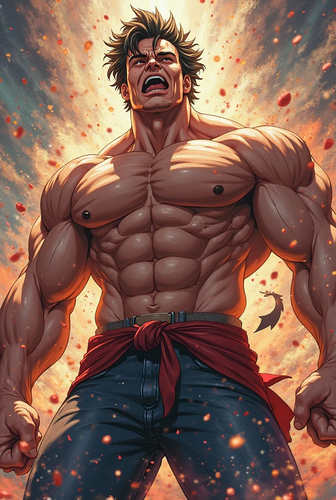 Hiper realista, corpo inteiro, forehead biceps, the king of fighters 95 Ryo Sakazaki, corpo tipo Arnold schwarzenegger, arte shinkiro