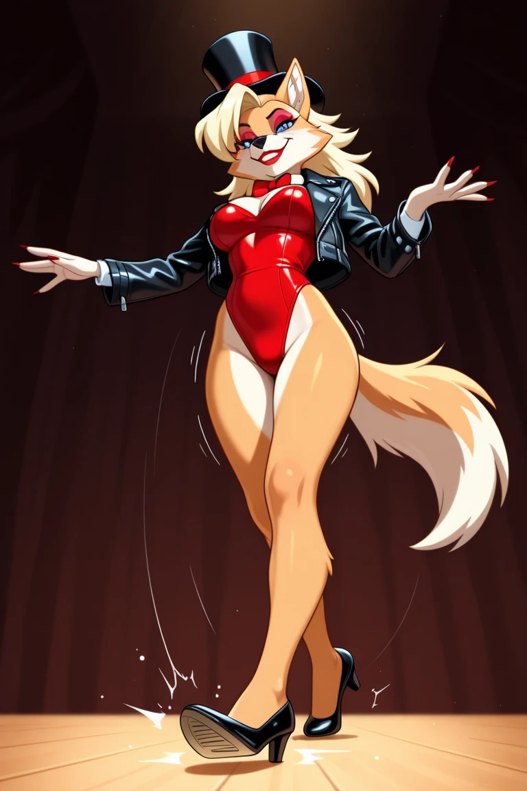 ((Flareon)), anthropomorphic, big boobs, big ass, pokemorph, (((1girl))), (((red corset))), (red stockings), (red heels) sexy, slender, red skin, (round glasses), long legs, smiling, hands on boobs