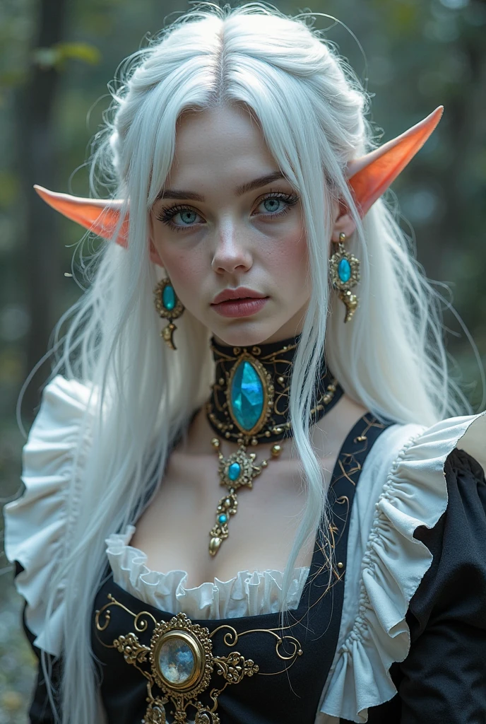 FACE SHOT OF BEAUTIFUL BOMBSHELL TOLKIEN ELF WOMAN, 30 YEARS OLD, HUGE LONG PLATINUM HAIR, VERY PALE SKIN, EXPRESSIVE TURCOISE EYES, LOVELY FACE, ENIGMATIC FACE EXPRESSION, GORGEOUS LIPS, ROSY CHEEKS, HIGH CHEEKBONES, MENTAL FORAMEN, EXPOSED ELF TIP EARS, SILVER TIARA, PLATIMUN EYEBROWS, FULL NECK CLEAVAGE, LIGHT BLUE NECK VICTORIAN DRESS, ATHLETIC CURVY BODY, SIDE ANGLE SHOT, DEEP FORREST, DAYLIGHTS, BACK LIGHTS, SUN LIGHTS, MASTERPIECE, ACCURATE IMAGE