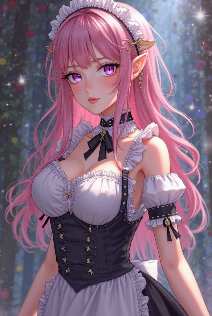 close up, score_9_up,score_8_up, (perona), 1girl, solo, black eyes, pink hair, wavy hair, long hair, drill hair, (sweaty), (big nipples:0.3), big breast, castle , mascara, choker, stockings, dress, sunset, lace, (outline), dynamic pose, straps, ghost,