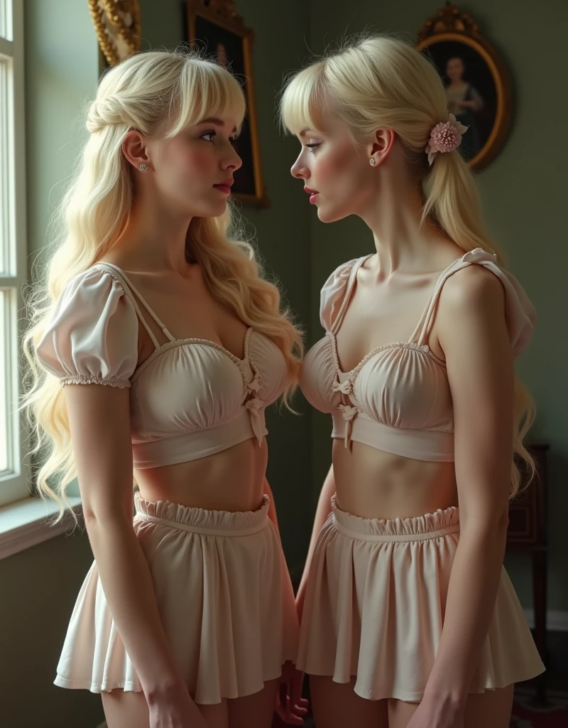 Two blonde curvy girls(very busty, very pale skin(porcelain skin), Long platinum-blonde-hair(styled combed-back, with a large-roibbon bow)), Dressed in a sultry demonic-inspired (pastel blue/pastel pink) outfit(semi-transparent and features soft, flowing fabric that adds to her gentle and innocent appearance). They are depicted making a classic "kawaii" pose with their hands(One hand is placed under her chin in a V shape, and the other hand is raised slightly)-their fingers near her face. Standing with one leg slightly bent and the other straight. their ankles are turned outward and her toes are pointed downward. sunnylight through sheer curtains framed the photography, they are surrounded by lush plants. ((Add confetti(in vibrant colors)to create a celebratory and festive atmosphere.)) . Vibrant, light-orange and bright-pink (neon colors), orange and pink ambient theme.