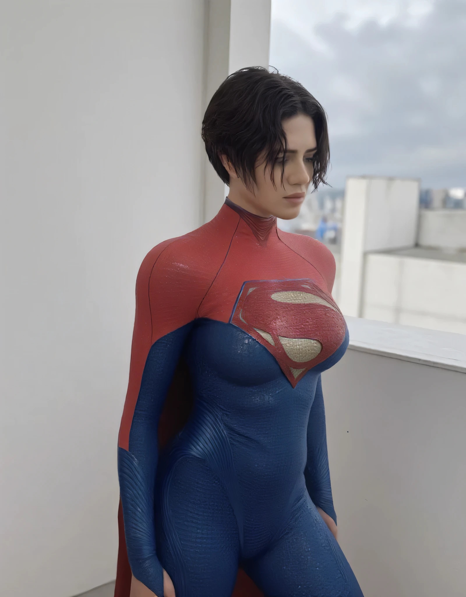 1, she is alone, High resolution, best quality, HDR, 120,000 pixels , professional photography, hyperrealistic, Instagram photoshoot, Sasha Calle wearing supergirl thights tanktop