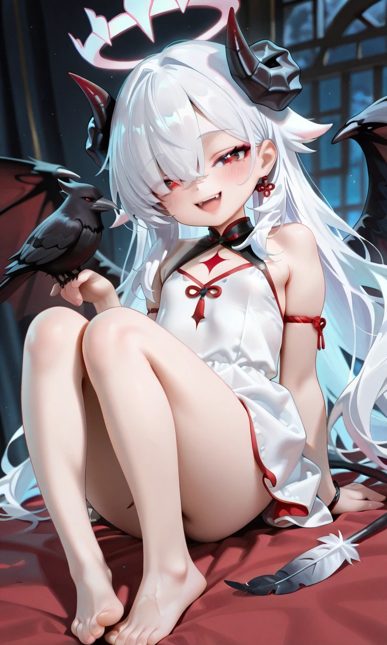 very cute devil girl、10 years old、white skin、beautiful skin、beautiful legs、Breasts are big enough for your age、Red Moon、god々new light、There are black wings growing from the back、
