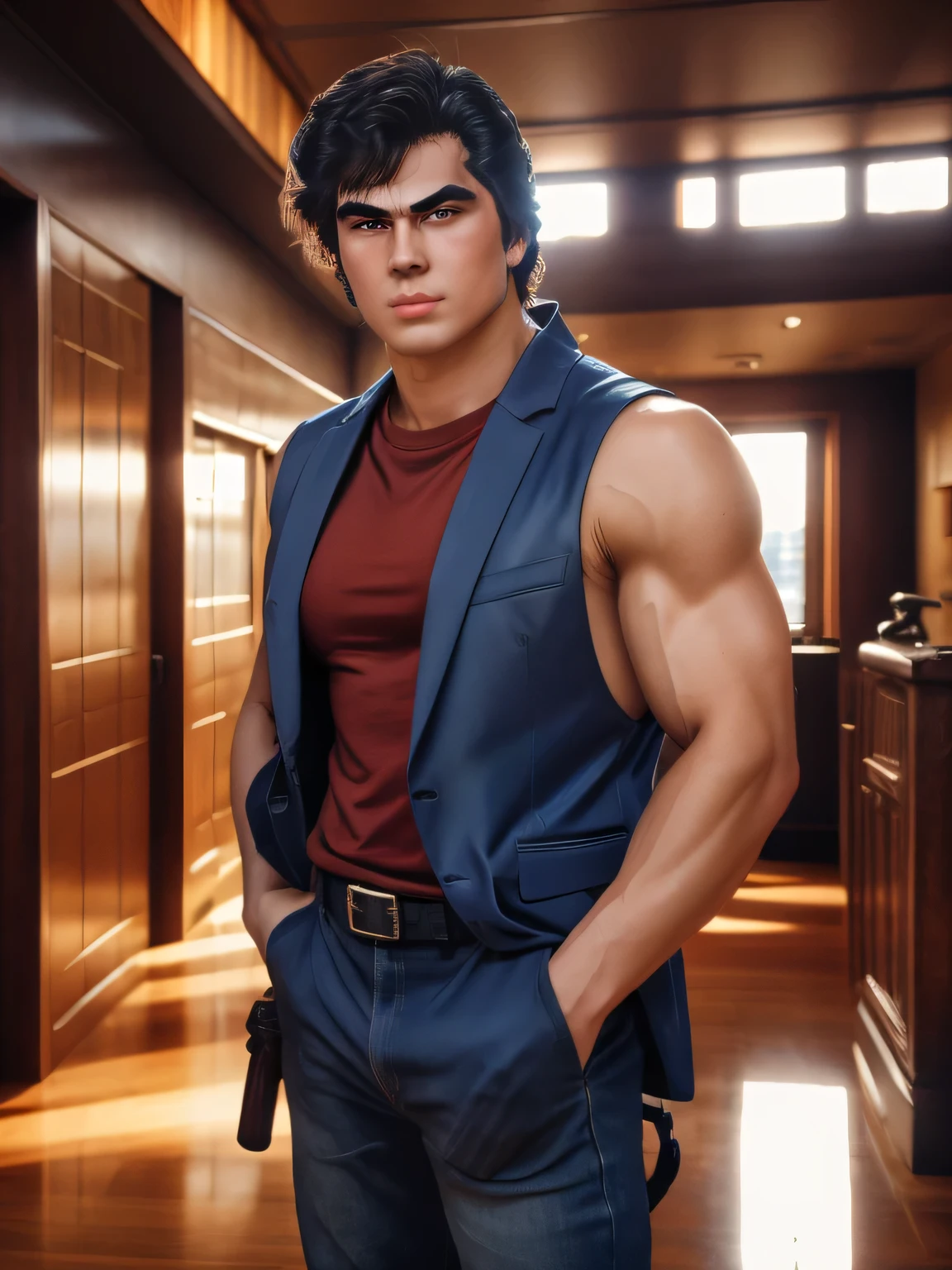 1boy, saeba ryou, city hunter,
red shirts, sleeveless, looking at viewer, v-shaped eyebrows,
standing, holding revolver gun, hand in pocket,
indoors, luxury hotel, windows, city, cowboy shot,
general, masterpiece, best quality, perfect lighting, very aesthetic, absurdres, scenery, volumetric lighting, depth of field,