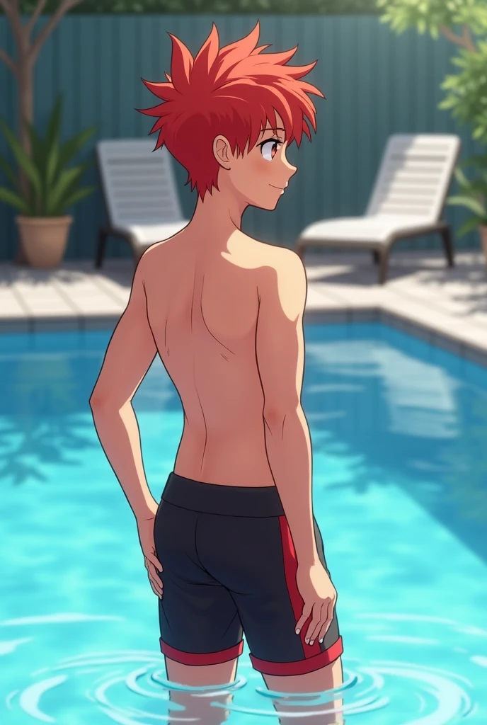 Anime boy in swimsuit standing in pool, onepiece swimsuit, High-cut swimwear, U-back swimsuit, rating:safe, solo, smile, Boy with short red hair, Boy standing by the pool, Competitive swimsuit, grin, looking_at_viewer, Show your ass, , Cool boy in black and red tank suit, A boy is looking back , Black and Red High Leg Racing Swimwear, cowboy_shot, shiny, shiny_hair, Boy with brown eyes, water, bangs, indoors, garments:High-cut swimwear, From behind the boy, From the side of the boy, High Leg Racing Swimwear, pool_ladder, legs_together, highleg