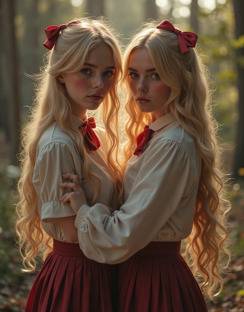 GIRLS VAMPIRE CHILDREN, RED EYES. And blonde HAIR with braids, red background.