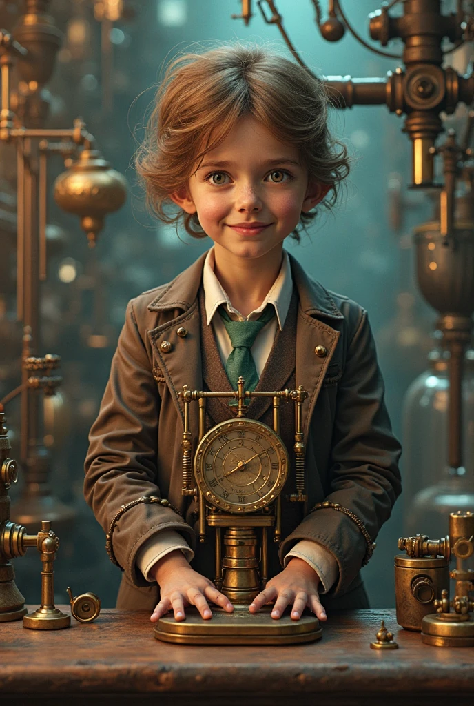 Steampunk style boy in a top hat with mechanical devices and steam punk style glasses smoking marijuana in a steam punk bong Sitting in the ship looking at the universe