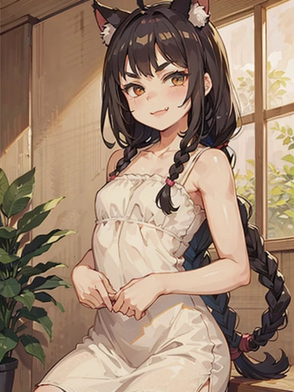 top quality, high image quality, masterpiece, gray hair, golden eyes, white clothes, Looking up, Upper body, hairline, bright skin, side braids, smiling, Double teeth.   Location: An upscale spa room with a massage table, plants, and a water fountain.
Pose: The model reclines on the massage table, covered only by a small towel that barely covers her lower body, leaving her chest fully exposed. Her legs are bent at the knees, spread apart, and she gazes at the camera with a sultry expression. The elegant and serene setting adds to the sensual allure of the scene, emphasizing her athletic and feminine physique.