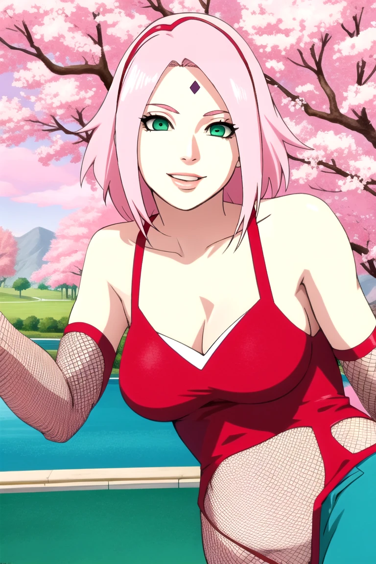 anime style, solo, 1 woman, from right, close view, (hand leaning, laying on tree, brushing hair), super ultra details, bold drawing lines, very high resolution, perfect anatomy, ultra detailed face, high vibrance, (blue light), ((cold colors)), 1girl, haruno sakura, (slim body, pale skin, thin belly , off-shoulders, biceps, toned arms, leaning forward, very pale skin, forehead mark, leg strap, hand leaning), ((red string bikini, red hair band)), looking at viewer, (cherry blossom), floating hair, big smile, cowboy shot, (reddish hair, missy hair, short hair), spring time, attractive colors
