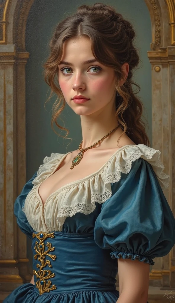 1girl, beautiful teenage girl, small breasts, revealing ornate navy blue dress, short wavy brown hair, portrait, oil painting, modern, realistic proportions, intricate, intricate details, sharp focus