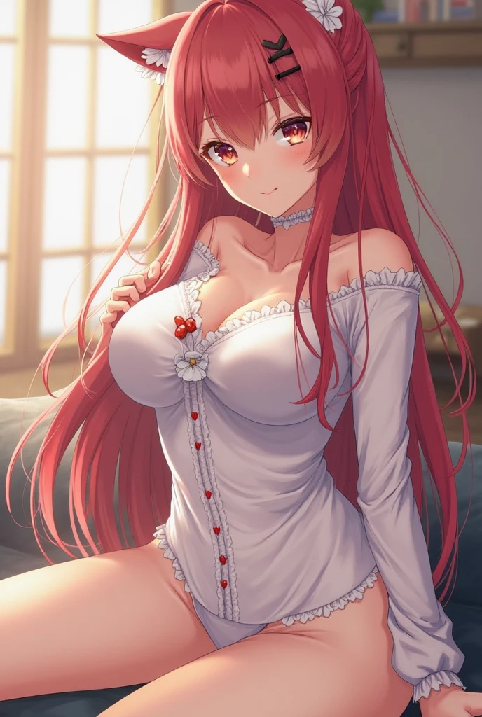 (masterpiece, best quality, high quality: 1.4), professional artwork, intricate details, field of view, sharp focus, detailed painting, masterpiece, cinematic lighting, pixiv trend, (vivid lighting, vivid colors , Rosetsu Nagasawa: 1.05 ), Hiroko Takashiro, (mature woman, mature woman: 1.1), (curvy: 1.1), (sitting, on the bed, pants down, masturbating, spread legs: 1.15), room , (cowboy shot: 1.1), (redhead: 1.05), long hair, ultra-detailed hair, ultra-detailed face, (purple eyes: 1.05), perfect eyes, perfect face, earrings, cheeks: 1.2), shirt, (black thighhighs , garter belt: 1.1), (absolute area): 0.8), (large breasts: 1.1), thighs, , focus: 1.1), underwear made very precisely
