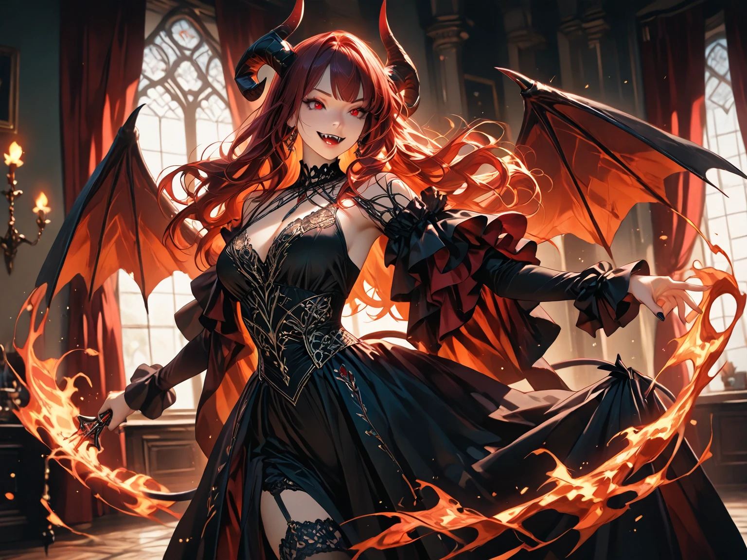 anime girl with red hair and horns in a black outfit, demon anime girl, Trending on ArtStation pixiv, portrait of a female demon, mika kurai demon, shadowverse style, Rias Gremory, shalltear bloodfallen, guweiz on pixiv artstation, succubus in tight short dress, a beautiful succubus, Demon Girl