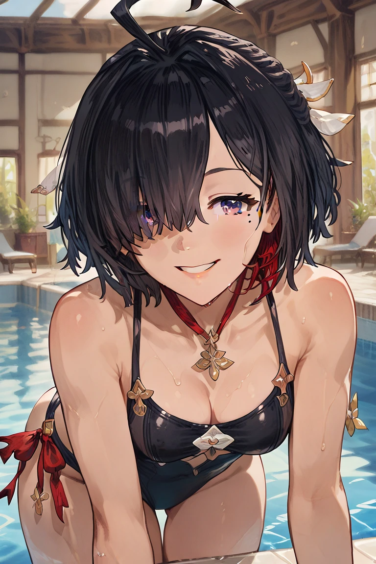 icm-lemia, swimsuit, yellow eyes, black hair, short hair, earrings, choker, collarbone, medium breasts, full body, solo, 1girl, highres, high quality, masterpiece, many details, outdoors <lora:icm-lemia-000006:0.7>