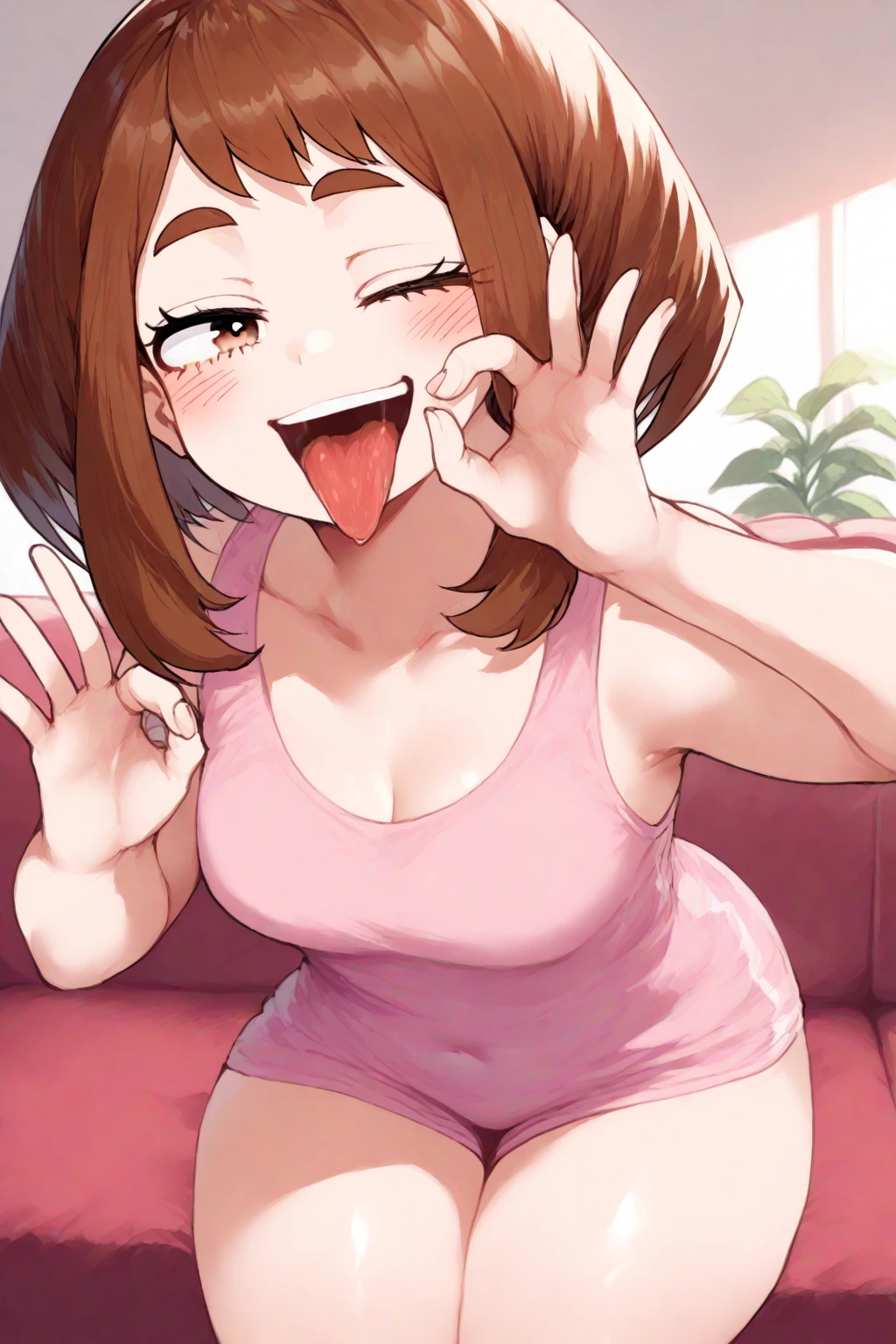 score_9_up, score_8_up, score_7_up, 1girl, solo, mature female, Nobara Kugisaki, brown bob hair, brown eyes, pink lips, parted lips, fit slim body, perfect medium erected breast, (((grey hoodie, nude tits, black tight thong, long white socks))), (((modern open space kitchen, with panoramic windows))), looking at the viewer, perfect model body, (((((kneeling and licking man’s penis))))), (((from above)))