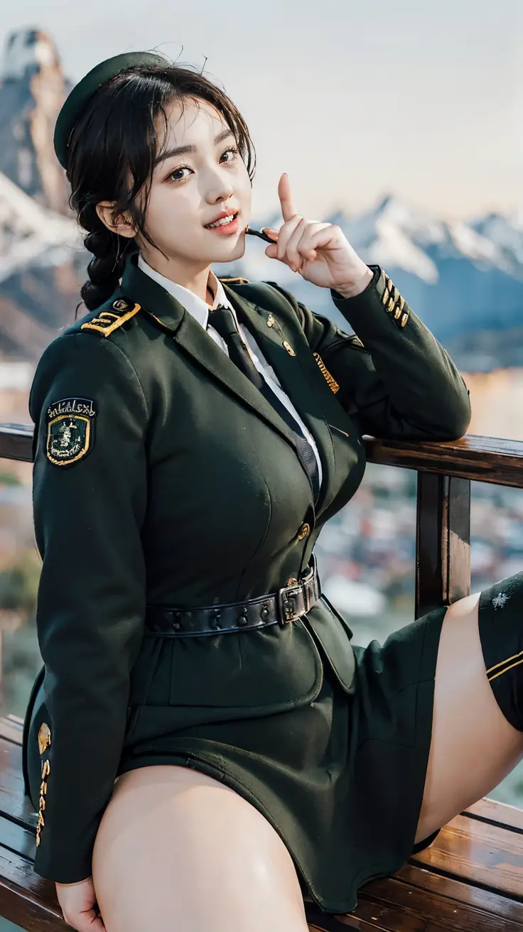 Usually detailed CG Unity 8K wallpaper，（tmasterpiece），（best qualtiy），（ultra - detailed），（Ultra photo realsisim），（best character detail：1.36），Nikon D750 f / 1.4 55mm，profesional lighting， physically-based renderingt, 1girll, Female soldier，army suit，Dark green military uniform，Fabric texture military uniform，Pure white lining，Dark green tie，Army green skirt，military hat，Bare legged，Plump legs，whitestocking，Black hair，the golden ratio,[:(com rosto detalhado:1.2):0.2]:，PureErosFace_V1, broad shoulder,(Bigchest:1.5),(big assa:1.5),Squat on the grass，Thighs apart，The skirt covers the bottom of the skirt，In the square，Splendid scenery，bright sun，RAW photogr，frontal photos， Look at the audience head-on，Night Street，lighting，Contre-Jour，Bright smile，White teeth，