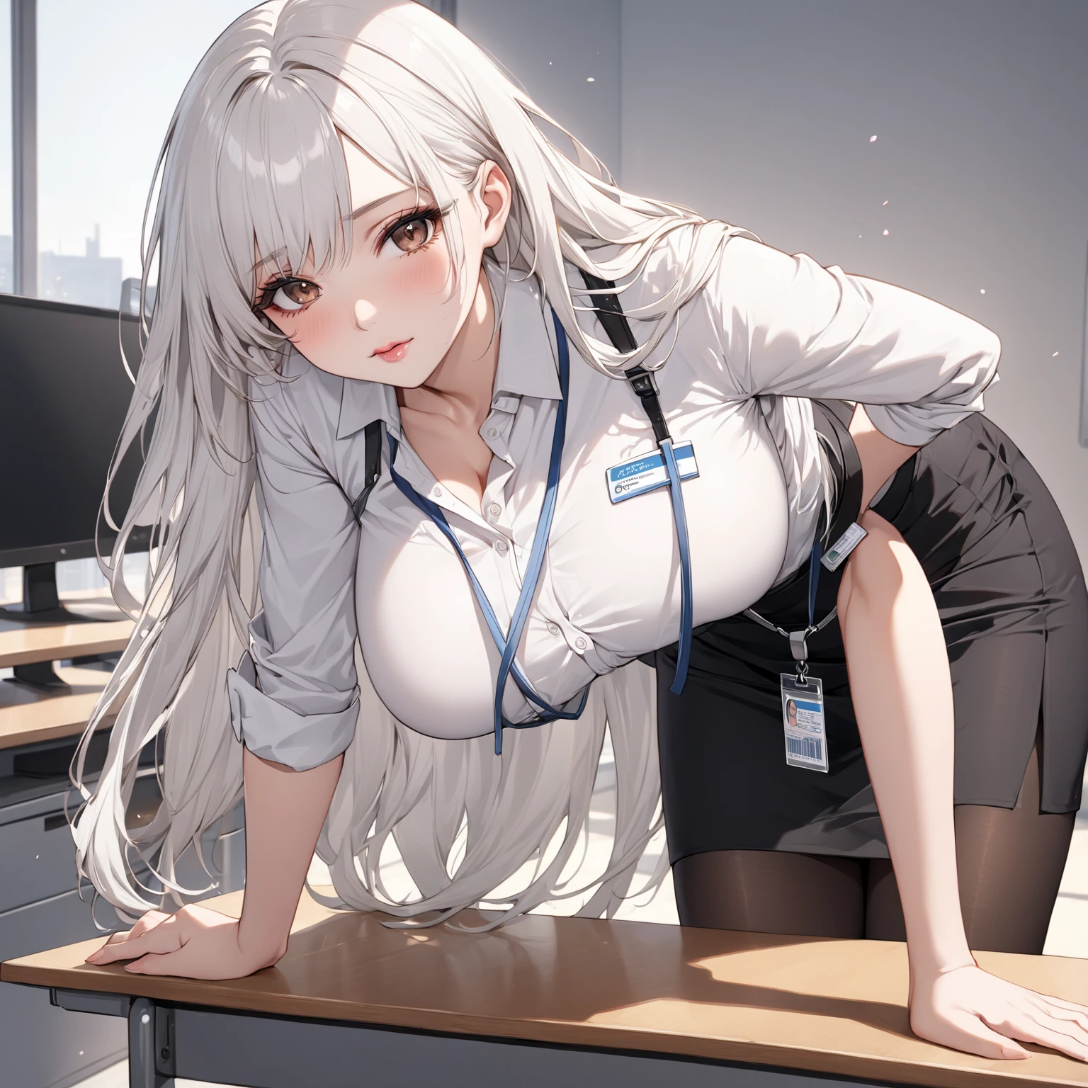 (Highest quality, High resolution, Very detailed), 1 female, Silver Hair, Long Hair, Reddish brown eyes, office staff suit skirt, lace thong, garter belt, secretary, 24th generation, Beautiful woman, mature, quiet, Calm, Large Breasts, A small smile, office,