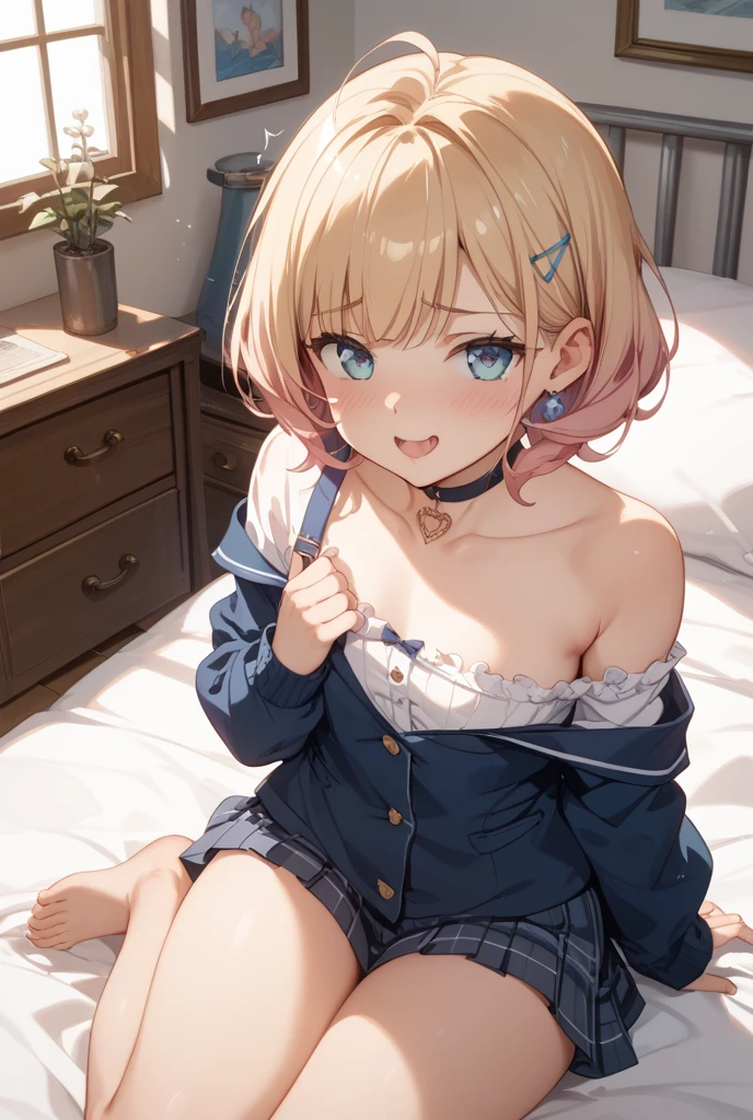 debris flies, highest quality, Highly detailed CG Unity 8K wallpaper, sexy witch , short hair、Dark blonde wavy hair、off shoulder knit, dark blue pleated skirt, stockings、medium breasts, saggy breasts, Pose that emphasizes the chest, blush, shy smile, bare shoulders, (((、open your legs wide、please open your knees)))、、nice magic book、church bed、lying in bed、stick out your butt、pink panties、pink good