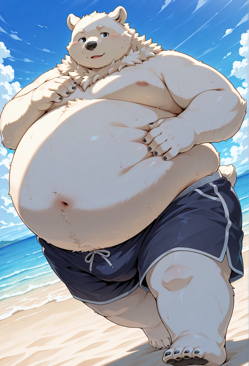 masterpiece, 3d, Laxus Dreyar, muscled, chilling at the beach, no shirt, big pregnant, belly, hands on back of head, only wearing a blue underwear.