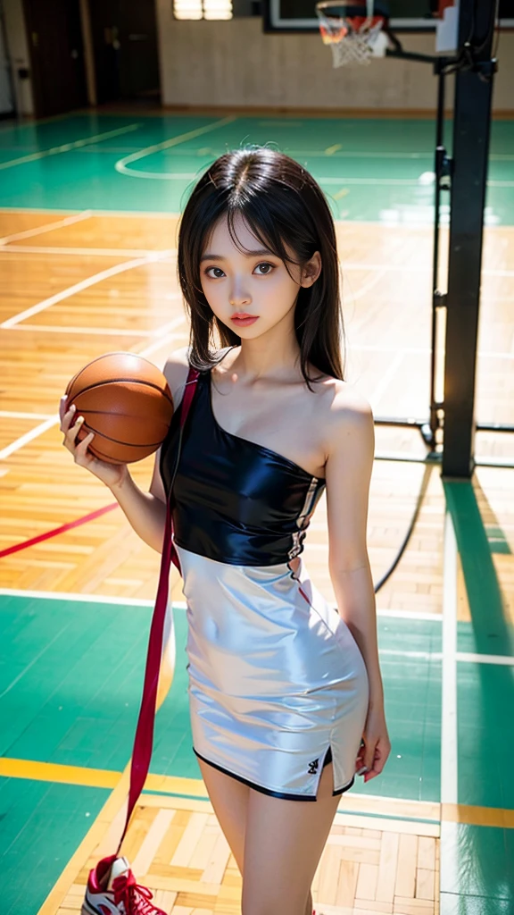 8K，最佳质量，nmasterpiece：1.2），（make realistic，make realistic：1.37），ultra-detailed detailed，最佳质量，UltraHighResolution，professionallighting，photon maping，radiosity，phisically-based render，cinematic lighting，basketball court,deep of field,Clear focus,Sun'rays,Good composition,(Bokeh:1.2) 1girls,solo dance,((a whole body)),(closes mouth),beautiful detailed eyes,lascivious posture,narrow waisted,Sexy red basketball suit,Black hair,disheveled hair，Long flowing hair，(Ulzzang-6500:1.2)，Slim figure，Slender legs，Smile with，Large breasts