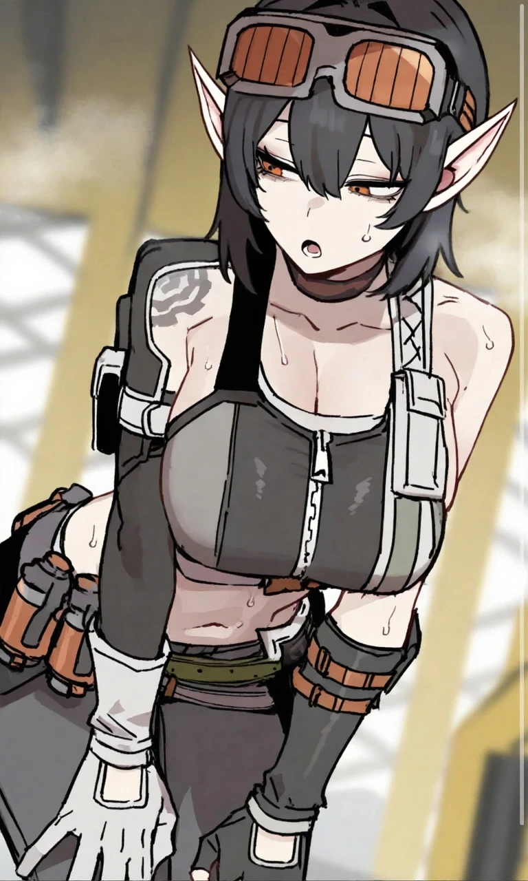 ((topless)), nsfw, masterpiece, 1 girl, erect nipples, intricately detailed, navel, bare shoulders, black hair, hard hat, construction site, towel on neck, wiping sweat, baggy pants, cargo pants, extremely detailed, bare breasts, puffy nipples, blueeyes, bare stomach, sweaty, medium breasts, arm strap, cowboy shot, holding sledgehammer, mature, chain, soft eyes, smiling, day, belt, rubble