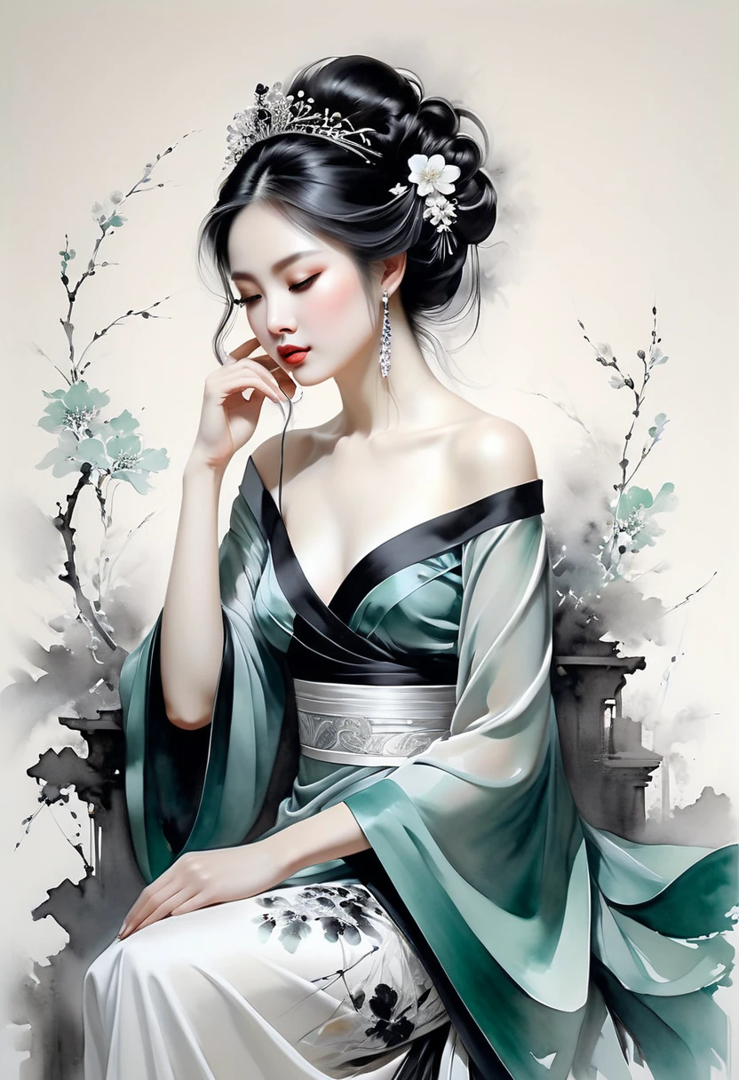 A serene wide shot of a stunning lady, barefoot and radiant in a white strapless kimono adorned with intricate dark green silk thread patterns. Her long black hair cascades down her back like a waterfall of night, while her eyes shine bright as stars in the midst of chaos. The natural light softly illuminates her porcelain skin, accentuating the delicate texture. A splash of ink and watercolor hues dance across the background, creating a harmonious balance between reality and artistry. Her figure is set against a clean, solid-colored backdrop, showcasing the beauty of her Tang Dynasty attire.
