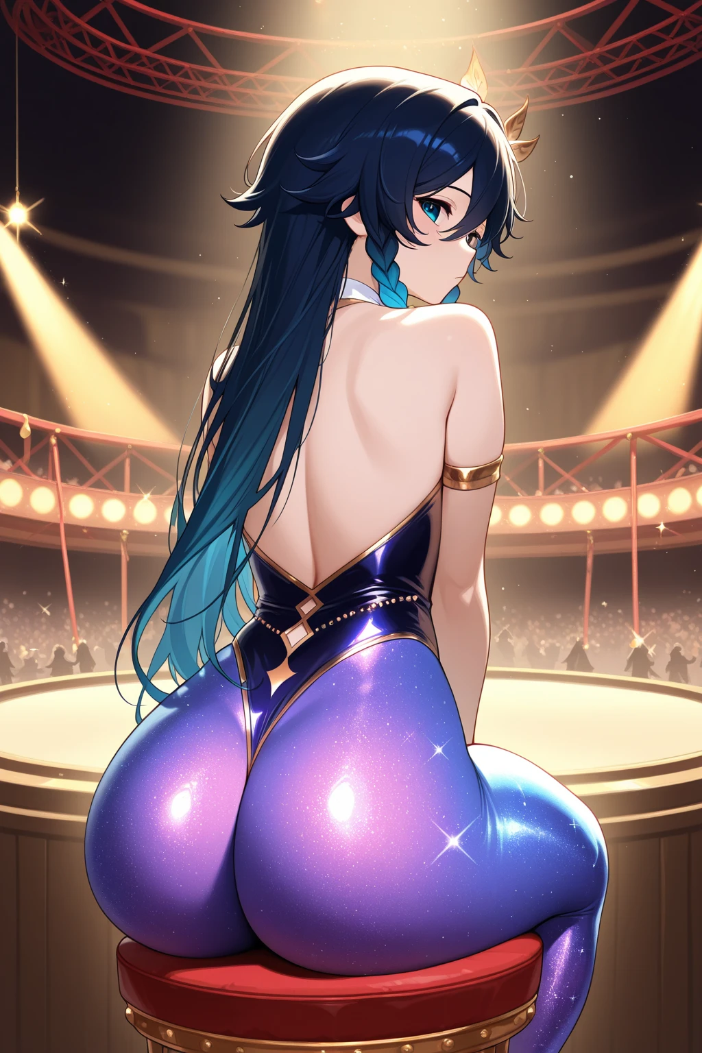 Fuuma Local,Large breasts,setting up ,Long hair, Ponytail,Black hair,Green eyes,  (Ultramini Aodai,Delicate decoration, intricate beading, Many jewelry and sequin and embroidered dresses:1.2),See-through blue-sea dai,(:1.2),exposed bare shoulders, Outdoors,strong breeze, stage, (Fashion Show:1.1),A lot of men are taking pictures,(hight resolution, High quality:1.1), Intricate details, Cinematic lighting, 1girl in,(red blush,embarrassed),(Metal dog collar with Leash),pull Leash,all-fours,(Raise your butt high),