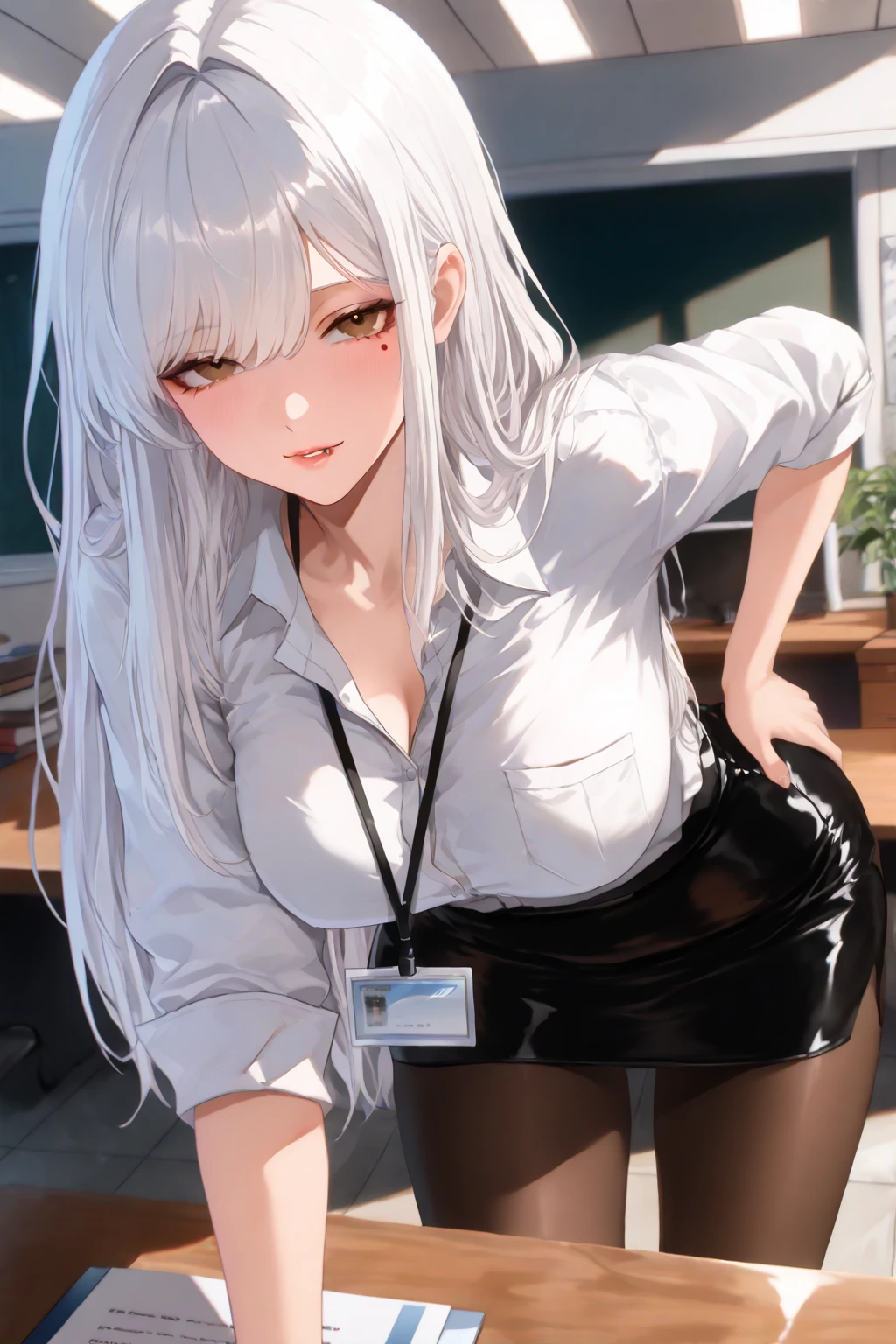 (Highest quality, High resolution, Very detailed), 1 female, Silver Hair, Long Hair, Reddish brown eyes, office staff suit skirt, Nude, pussy, vaginale, ((pussy juice)), secretary, 24th generation, Beautiful woman, mature, thin, quiet, Calm, Large Breasts, A small smile, office,