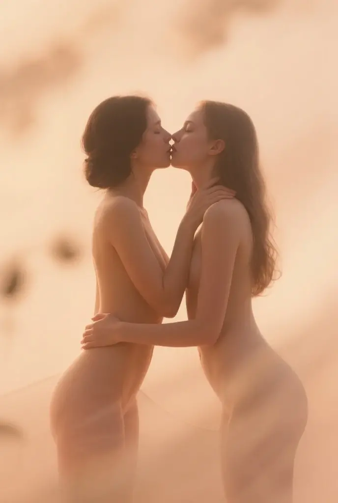 Two girls (13 years old), naked, identical, clones, passionately kissing with hands on butts