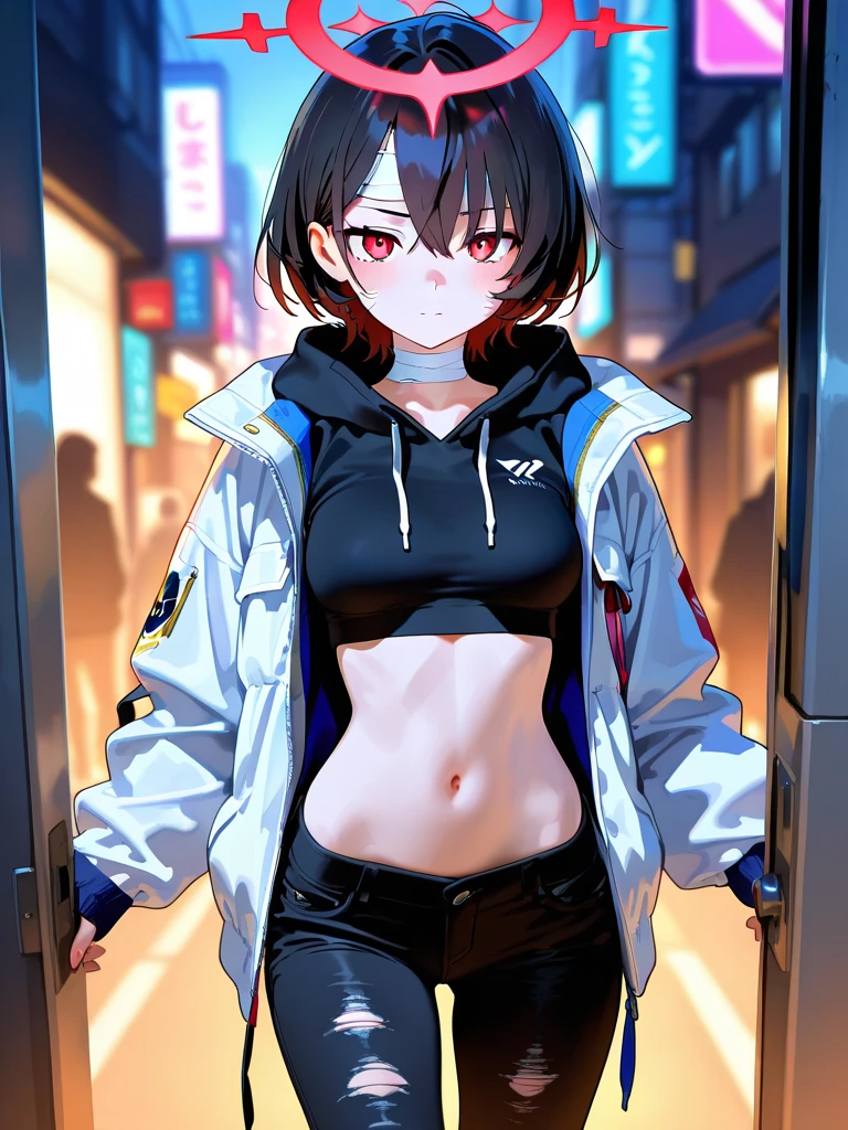 8K, ultra-detailed, accurate, highest quality, high-resolution full-color image, angle from below, woman, realistic skin, black hair, short hair, (((sexy pose in the city))), droopy eyes, ecstasy, sleepy, small eyes, small earrings, thin necklace, jacket, thin shirt, skirt, striped thong, skirt covers crotch, sweat, bus