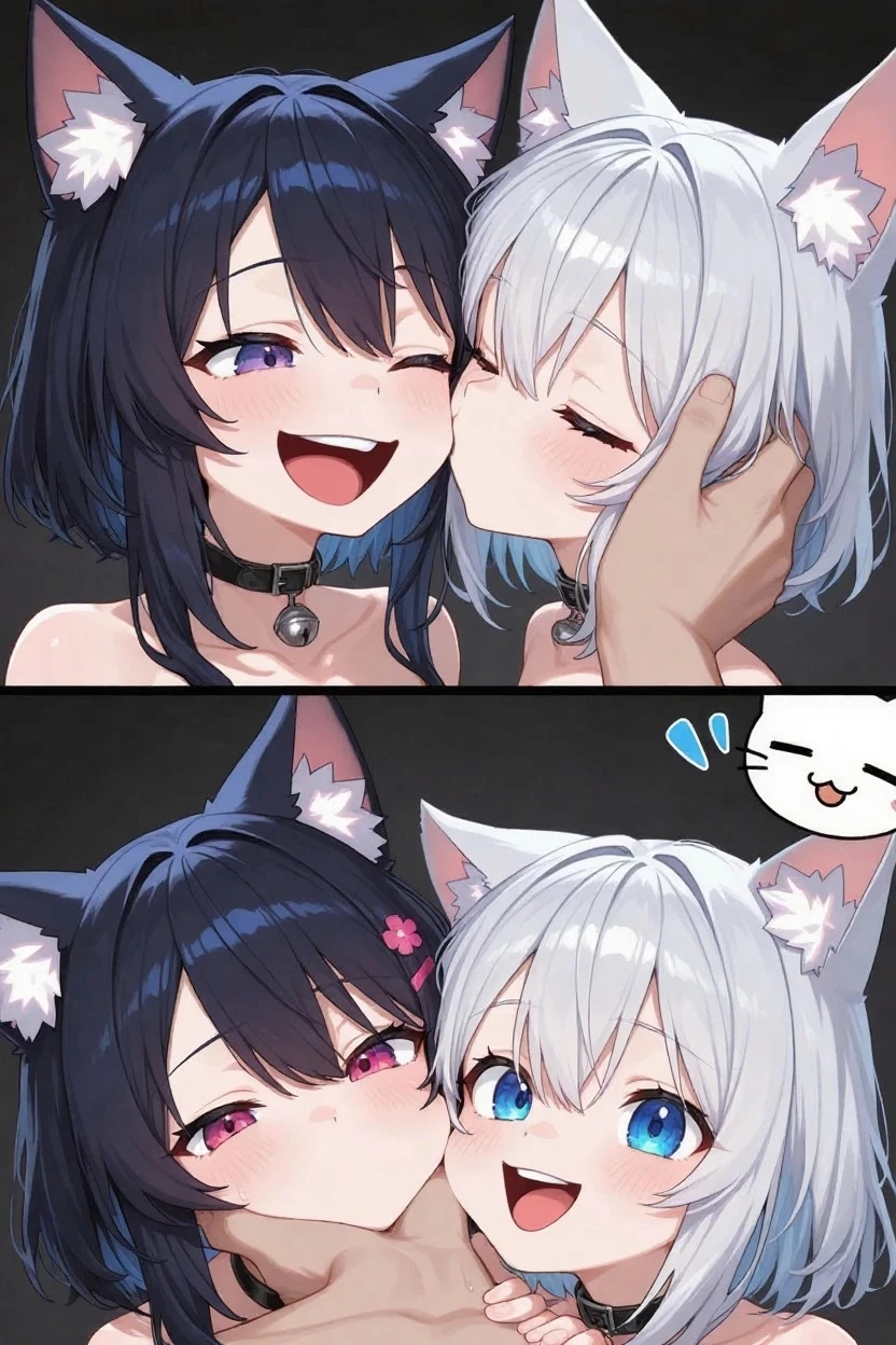Duo, twins, Score_9, score_8, score_7, kemono style, a cute gray anthro shark girl, Anthro shark ears,  cocky smile, grinning, green eyes, short white hair, Grey body, naked, pov, collaborative licking, the two girls are licking viewers cock, simple white background
