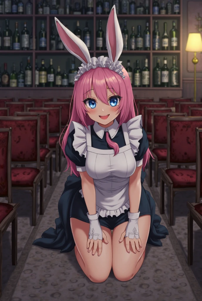 solo,whole body,Standing position right,Light pink hair,Bob Hair,Red Glasses,Bunny girl,casino,smile,Big Breasts,cute,