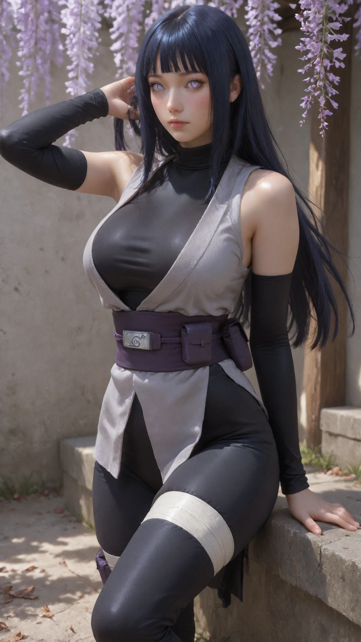 Long black hair ninja girl wearing hood Black Skirt tall Slightly larger breasts With bangs Thin legs Wearing a black mechanical mask