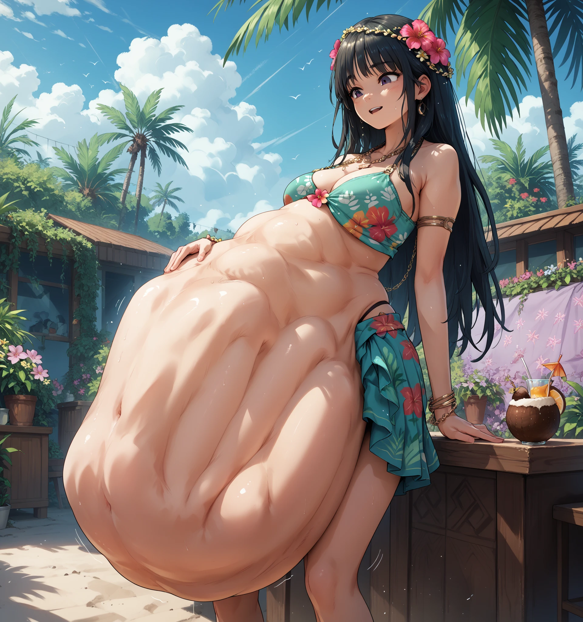 High resolution, high quality, One girl, Anime Girls,[[During pregnancy]], dark brown hair,long hair,twintails,dark brown eyes,heart shaped pupils, Large Breasts,beautiful breasts,long nipples, (Big Ass),beautiful ass,sweat,wet,Embarrassed,Tank Top,swimsuit,lower body,sweat,wet,squatting,(open legs),arms behind head,at Poolside,(Kiwi juice),(lemon juice),(orange juice),(Pineapple juice),(Mango juice),(water),