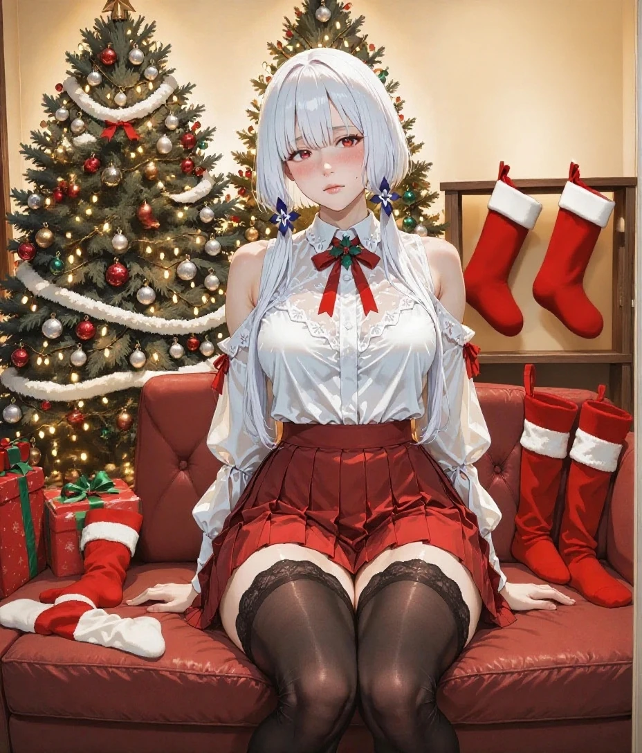 Colette brawl stars en vestidor. Full body and Christmas underwear , se ven los senos atraves de la ropa interior . Pechos grandes . Cabello blanco . Cabello Brillante, poses de gato . Fondo de un vestidor .