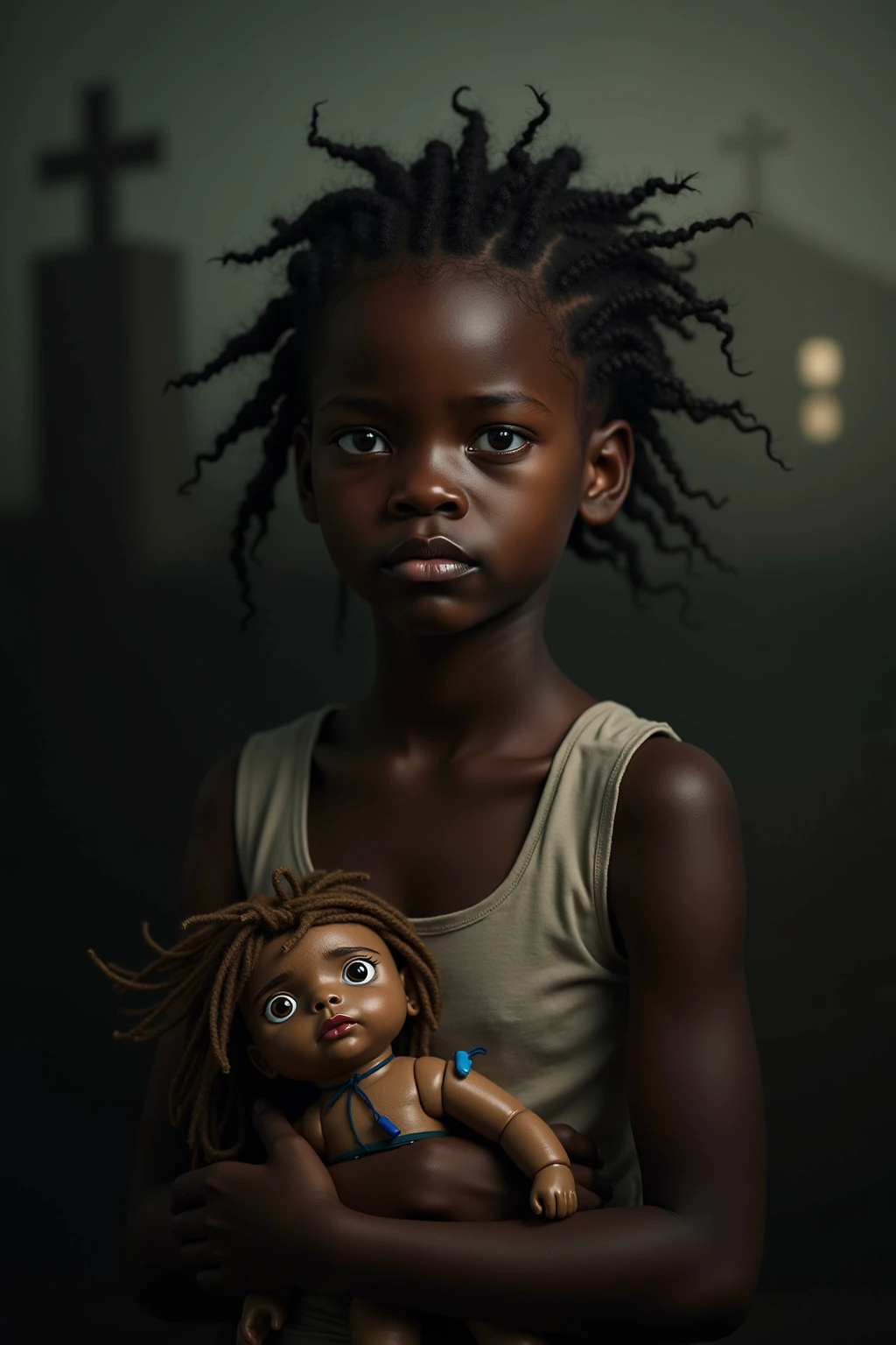A tragic scene unfolds as a sad-eyed 3-year-old black girl sits on the dusty floor, her clothing disheveled and dirty, tears streaming down her cheeks as she gazes into the camera lens with a heart-wrenching expression. The dimly lit room casts long shadows on her small frame, adding to the sense of despair and hopelessness. Her big, innocent eyes seem to tell a story of hardship and pain. The image, though deeply moving, is captured with great care and sensitivity, ensuring the girl's emotion and vulnerability are truly conveyed. (sad:1.1, disheveled:1.3, dirty clothes:1.2,