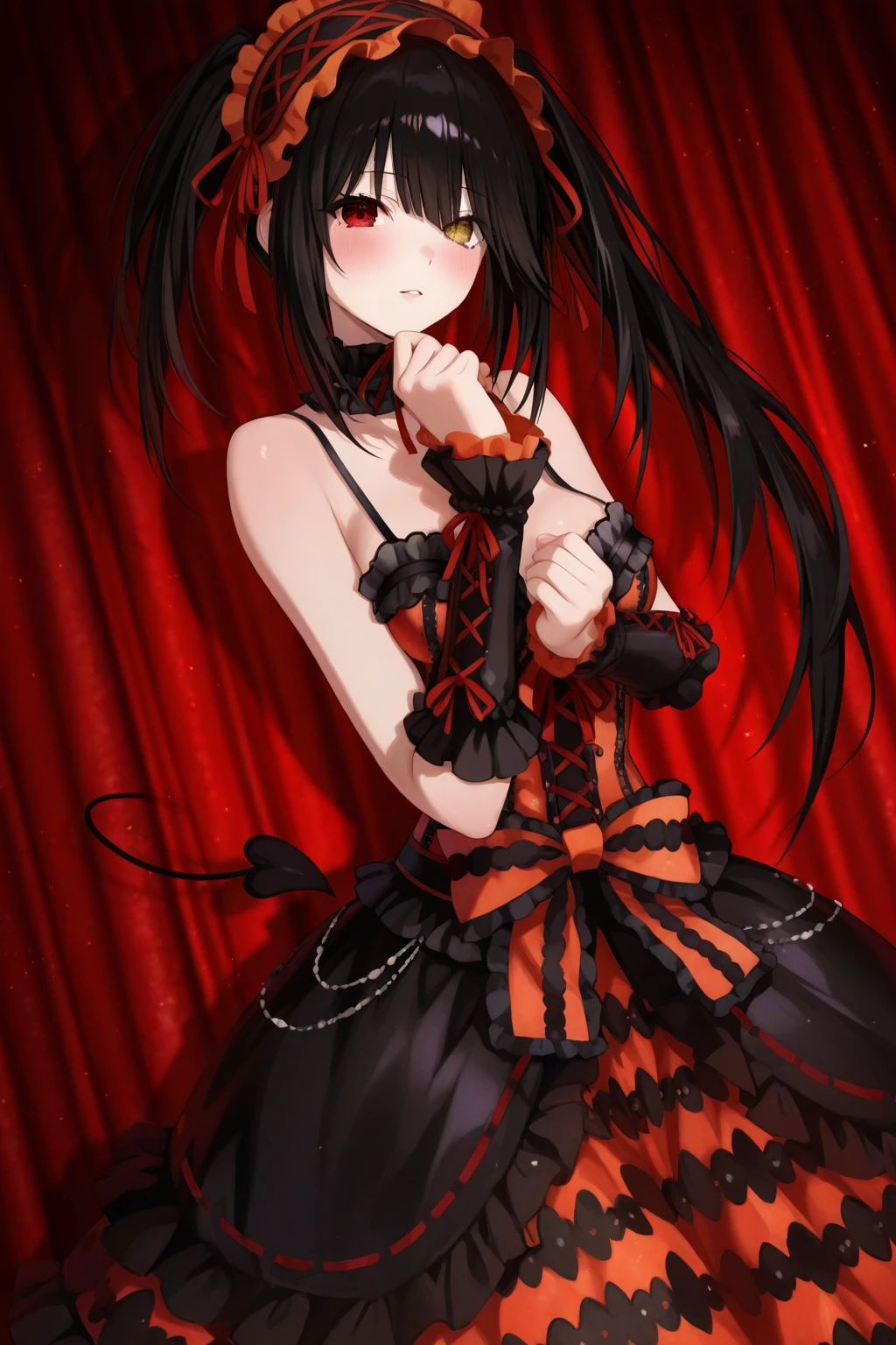 18 Year Old Beautiful Girl, Masterpiece, Top Quality, 8K Anime, 1 Girl, Solo, Detailed Fingers, Precise Fingers, Non-Unnatural Hands, Odd Eye, Red Eyes, Cleavage, Black Hair Twin Tails, Kurumi Tokizaki