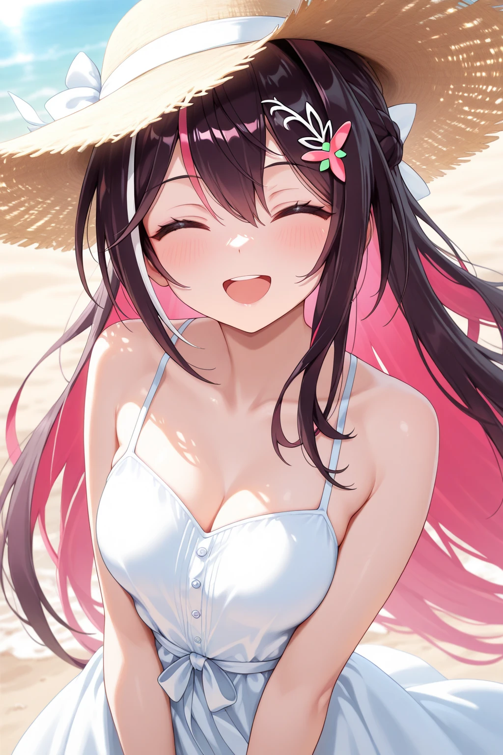 Shadbase, nezuko kamado, nightgown, bikini, seaside, smiling, peace sign, big boobs, pink eyes