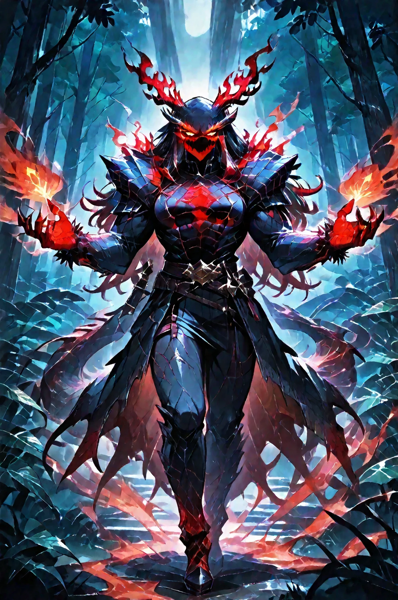 masterpiece, best quality, amazing quality, very aesthetic, a red spirit-moth, translucent glowing, fantasy theme, full body fan art, amazing tropical forest background, depth of field