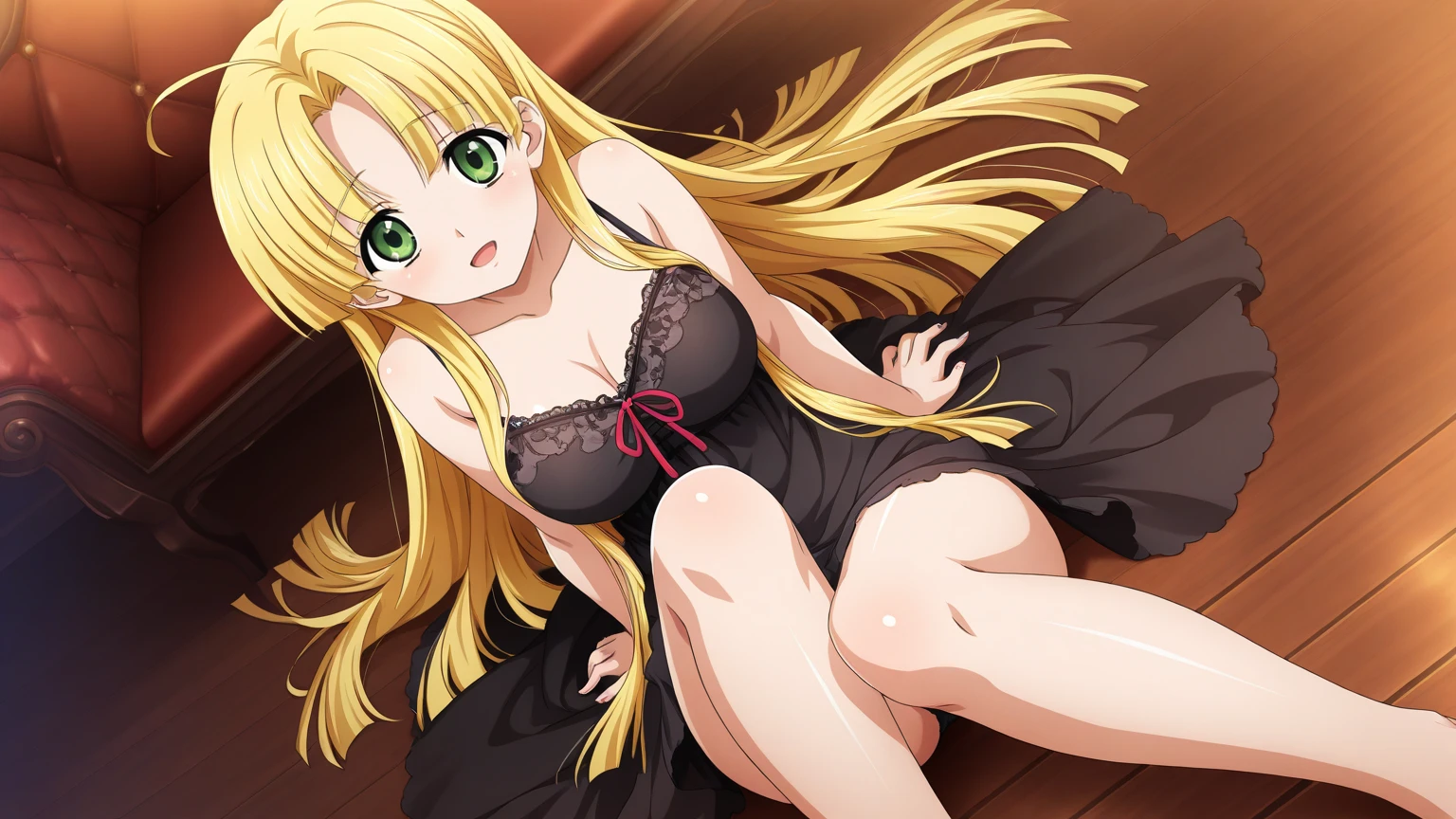 kittew, 1girl, <lora:Aoki_Haruna_Kamo:0.7>, mature, from below, sitting, spread legs, blonde hair, long hair, green eyes, medium breasts, black dress, panties, stockings, jewerly, earrings, blush, indoors, furniture