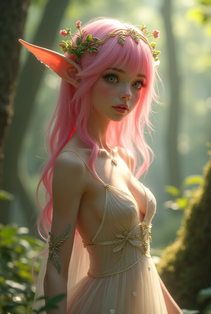 belle femme elfe aux cheveux roses, (Photographie en plein air:1.3), Princess diadem, grosse poitrine, big peeled off, skinny, pink hair, underboobs,