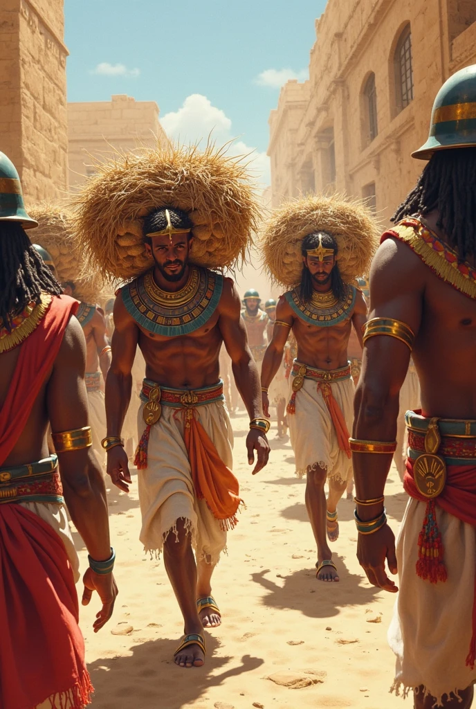 Ancient Egyptian city with 4 guards facing the camera two female two male black weapons