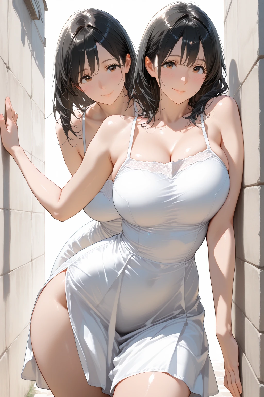 2lady(different hair style), ((ultra-quality)), (Bukkake:1.5), (side view), (profile), (from side), (side colossal tit:1.6), (in 8K), (arms behind back:1.5), (arms are down), ultla highres, Hyper Detailed, High contrast, Ultrafine Strike, creative refinement, absurdres, Realistic, extremely detailed CG unified 8k wallpaper, Highly detailed, High-definition raw color photos, professional photograpy, Realistic portrait, Cinematic Light, Beautiful detailed, 28 years old woman, (realistic skin:1.3), (shiny skin), (Best Quality:1.4), Super Detail, High quality, ​master piece, lifelike, (After SEX), Bukkake, Perfect face, (cum on chest:1.5), (Bukkake:1.5), (covered by lot of cum:1.4), (Sharp Focus), (upper body), (close up), Delicate Beautiful Hair and Eyes and Face, Delicate eyes, radiant eyes, Lifelike, Hyper-detailing, (Silk sexy dress:1.3), (bare shoulder), (sleeveless), (no bra), (covered breasts), (mini skirt), (see-through), (Sheer areola:1.1), (colossal breasts:1.6), (big breasts:1.5), (Beautiful breasts:1.5), (smooth stomach), (covered nipples:1.4), (arms behind back:1.3), Beautiful cute woman, camel-toe details, (SFW), wet clothes, (slim body), slim, wet, pale black eyes, (bob cut), (medium hair), (long bangs), (night unpopular private beach:1.2)