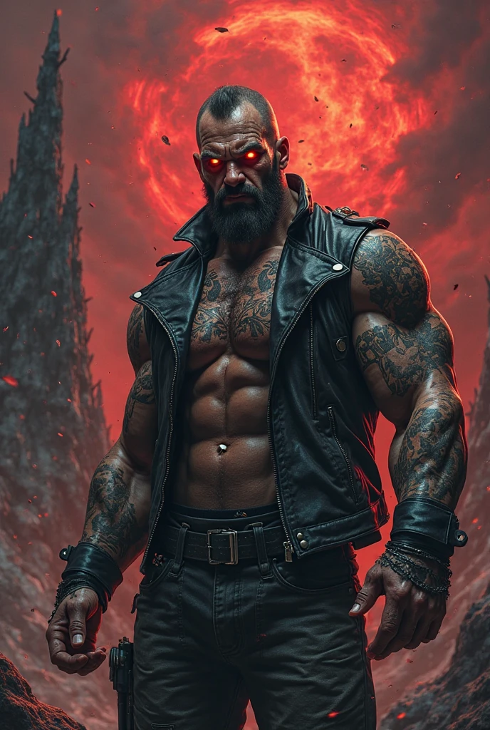 male with a red eye and a chain around his neck, demon male, djinn man male demon, male djinn man demon hybrid, man male demon, human male demon, commission for high res, evil devious male, sensual and beautiful incubus, muscled humanoid balrog demon, beautiful male god of death, demon lord, big bulge in crotch