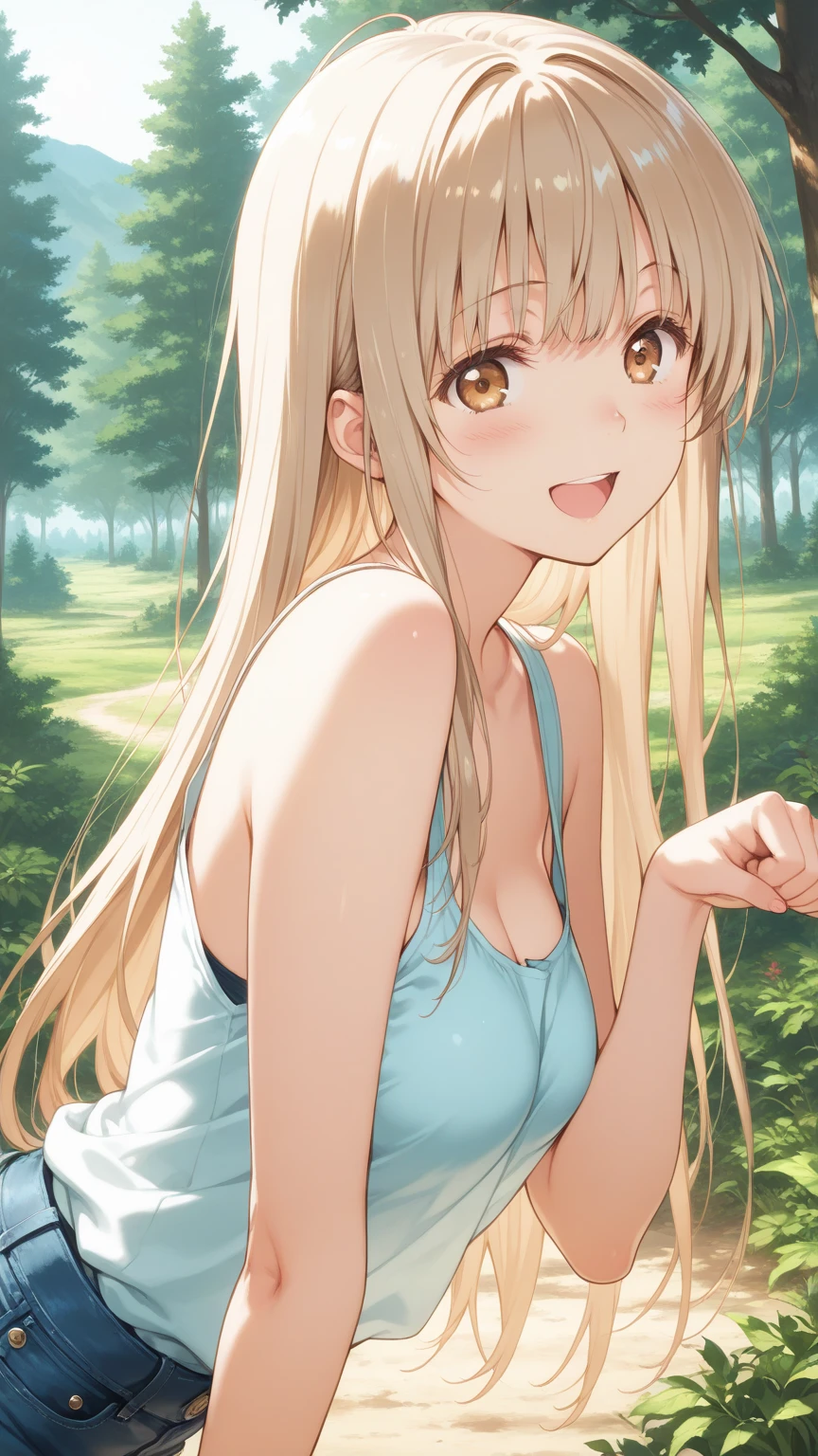 One Woman、Cute face、Also々New Expressions、Japanese、Attractive eyes、Chestnut mesh hair:1.5、French Braid、18-year-old、Grey Eyes、Camisole dress、Blue outerwear、Outdoor、Alsoとした佇まい、Wheat field